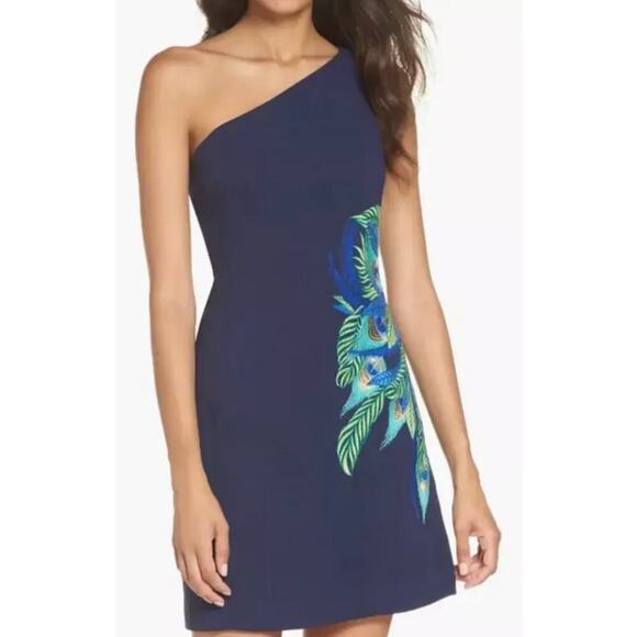 Lilly Pulitzer NWOT Jamie Dress Peacock Embroidery One Shoulder In Navy Size 0 - Picture 1 of 12